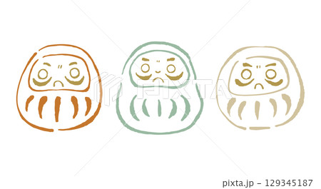 ゆるくてかわいい3色のだるま。落ち着いたパステルカラーの線画イラスト。 129345187