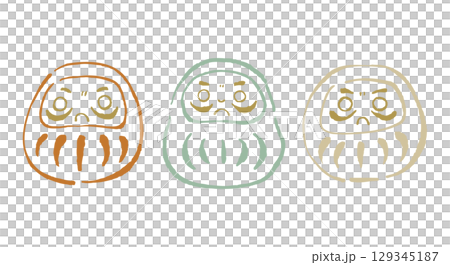 A cute and relaxed Daruma doll in three colors. A line drawing illustration in calming pastel colors. 129345187