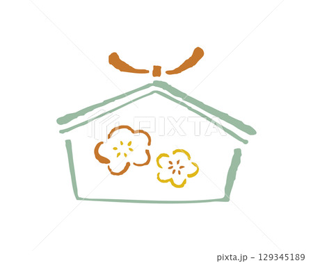 梅の花が描かれた絵馬。落ち着いたパステルカラーの線画イラスト。 129345189