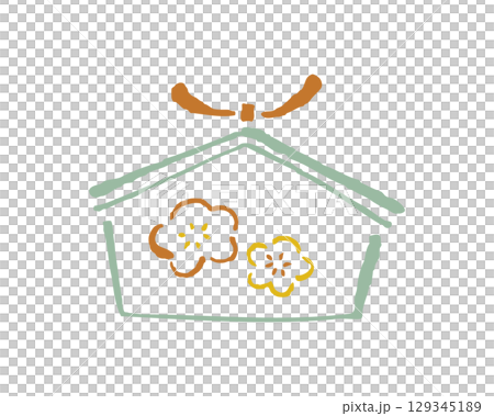 梅の花が描かれた絵馬。落ち着いたパステルカラーの線画イラスト。 129345189