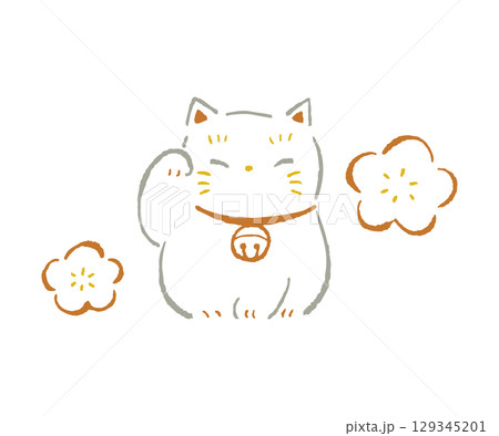 招き猫と梅の花。ラフな線で描いた線画、3色イラスト。 129345201