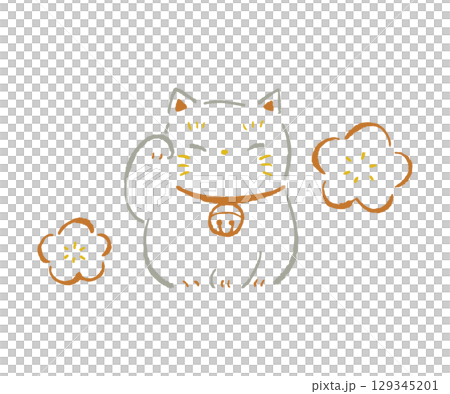 招き猫と梅の花。ラフな線で描いた線画、3色イラスト。 129345201