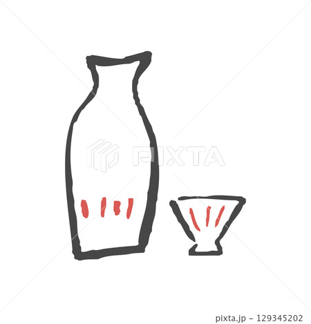 とっくりとおちょこのゆるい線画イラスト。 129345202