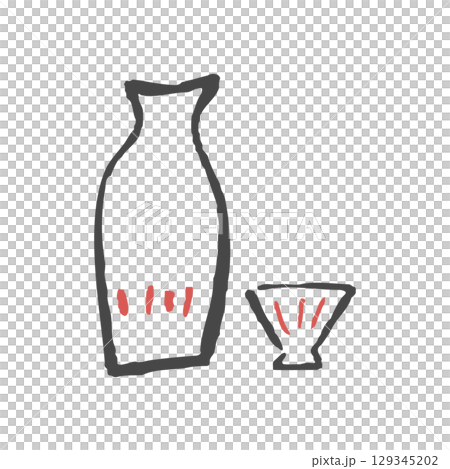 清酒瓶和清酒杯的鬆散線條插圖。 129345202