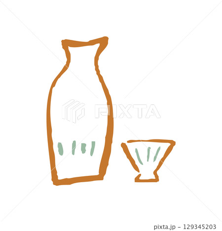 とっくりとおちょこのゆるい線画イラスト。 とっくりとおちょこのゆるい線画イラスト。 129345203