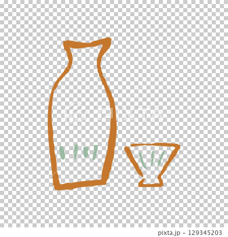 とっくりとおちょこのゆるい線画イラスト。 とっくりとおちょこのゆるい線画イラスト。 129345203