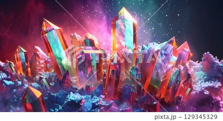 Fantasy alien planet, Mountain and nebula, Gemstone Background - Ai Generated 129345329