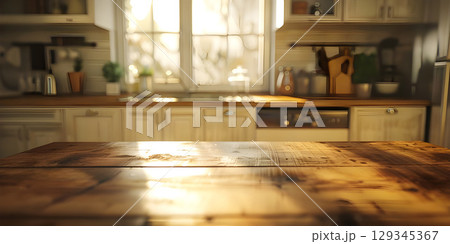 Empty wooden table and blurred kitchen interior background, product display montage - Ai Generated 129345367