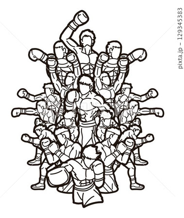 Boxing Sport Group of Boxer Ultimate Fighter Mix Action Muay Thai Kick Boxing Cartoon Outline Graphic Vector 129345383