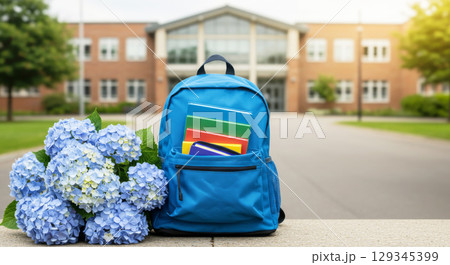 Blue backpack with notebooks and hydrangea flowers in front of school building. First school day and education. 129345399