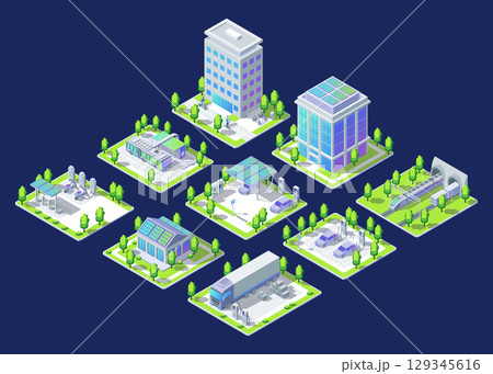 Cartoon Color Electric City Transportation Concept with Personal and Public Electro Transport 3d Isometric View Line Elements. Vector illustration 129345616