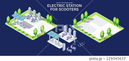 Cartoon Color Charge Station for Scooter with Separate Set Electric City Transportation Concept 3d Isometric View Line Elements. Vector illustration Cartoon Color Charge Station for Scooter with Separate Set Electric City Transportation Concept 3d Isometric View Line Elements. Vector illustration 129345637