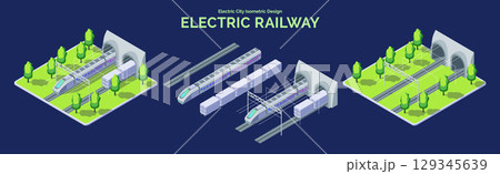 Cartoon Color Train and Railroad Tunnel with Separate Set Electric City Transportation Concept 3d Isometric View Line Elements. Vector illustration 129345639