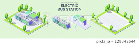 Cartoon Color Bus and Public Transport Station with Separate Set Electric City Transportation Concept 3d Isometric View Line Elements. Vector illustration Cartoon Color Bus and Public Transport Station with Separate Set Electric City Transportation Concept 3d Isometric View Line Elements. Vector illustration 129345644