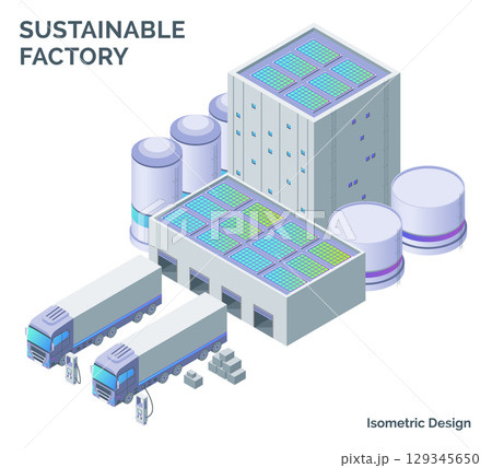 Cartoon Color Renewable Solar Electricity Energy Factory and Electro Truck Electric City Transportation Concept 3d Isometric View Line Elements. Vector illustration Cartoon Color Renewable Solar Electricity Energy Factory and Electro Truck Electric City Transportation Concept 3d Isometric View Line Elements. Vector illustration 129345650