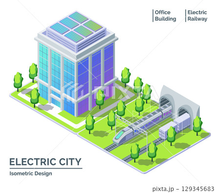 Cartoon Color Electro Train and Office Building with Solar Panels Electric City Transportation Concept 3d Isometric View Line Elements. Vector illustration 129345683