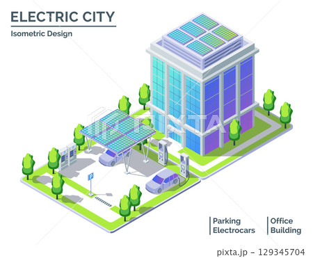 Cartoon Office Building with Solar Panels and Parking Area Electric City Transportation Concept 3d Isometric View Line Elements. Vector illustration 129345704