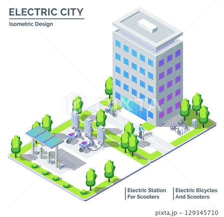 Cartoon Color Bicycle, Scooter and Charging Station Electric City Transportation Concept 3d Isometric View Line Elements. Vector illustration 129345710