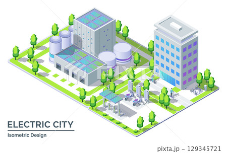 Cartoon Color Renewable Solar Electricity Energy Factory, Bicycle, Scooter and Charge Station Electric City Transportation Concept 3d Isometric View Line Elements. Vector illustration 129345721