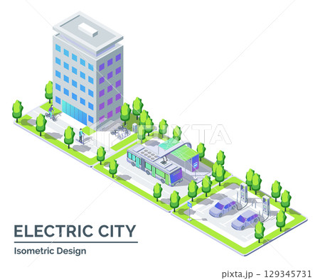 Cartoon Color Electrocar, Bus, Bicycle and Scooter Electric City Transportation Concept 3d Isometric View Line Elements. Vector illustration 129345731