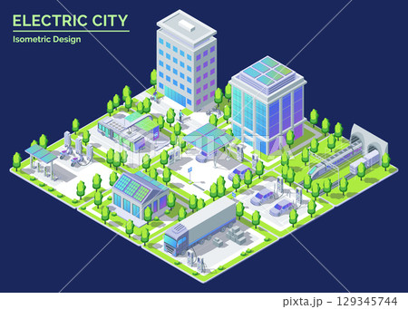 Cartoon Color Cityscape on Platform Electric City Transportation Concept 3d Isometric View Line Elements. Vector illustration 129345744