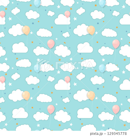 Seamless Pattern with White Clouds, Colorful Balloons, and Stars on Blue Sky Background 129345778