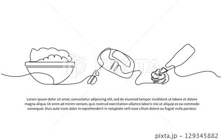 Continuous line design of mixing the dough in a bowl. Single line decorative element drawn on white. Continuous line design of mixing the dough in a bowl. Single line decorative element drawn on white. 129345882