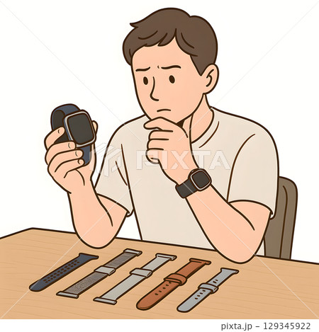 スマートウォッチのバンドを机に並べて比較している人物のイラスト 129345922