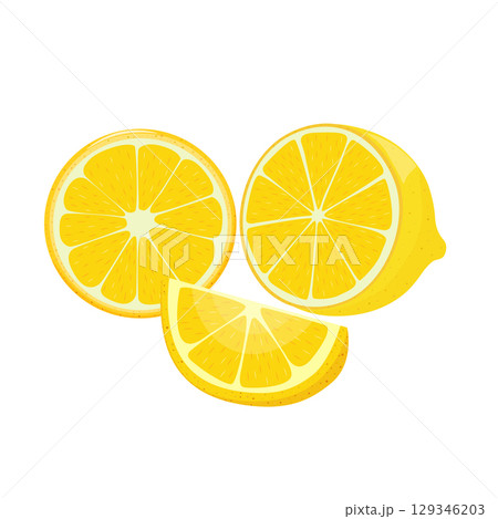 Set of half, round slice and wedge of yellow lemon on white background. Tropical fruit season. Set of half, round slice and wedge of yellow lemon on white background. Tropical fruit season. 129346203