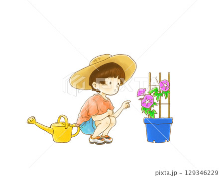 朝顔を観察する子供の水彩画 129346229
