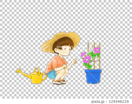 朝顔を観察する子供の水彩画 129346229
