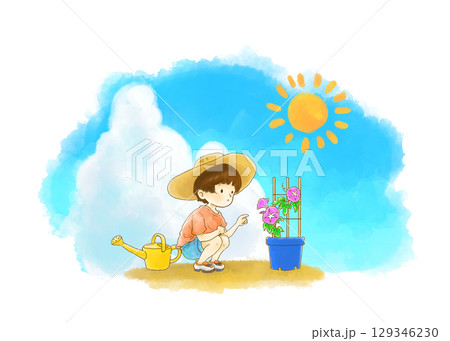 朝顔を観察する子供の夏の風景の水彩画 129346230