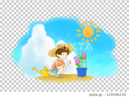 朝顔を観察する子供の夏の風景の水彩画 129346230