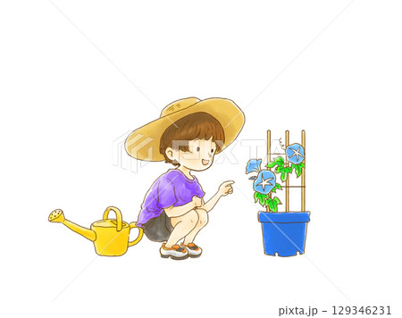 水色の朝顔を観察して喜んでいる子供の水彩画 129346231