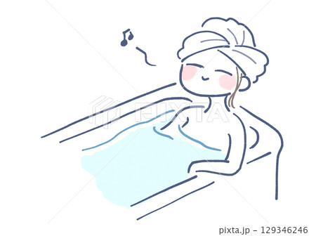 女性がバスタブのふちに手をかけてお風呂にはいっているイラスト 129346246