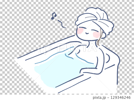 女性がバスタブのふちに手をかけてお風呂にはいっているイラスト 129346246