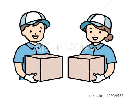 引越し業者　配送　配達　スタッフ　業者　男女　上半身　イラスト素材 129346254
