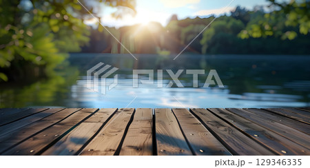 Wooden deck on the background of the lake in the forest - Ai Generated 129346335