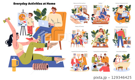 Vector illustration depicting diverse home activities including exercise, work, art, and family time. People engage in hobbies, chores, and relaxation, highlighting daily routines. Vector illustration depicting diverse home activities including exercise, work, art, and family time. People engage in hobbies, chores, and relaxation, highlighting daily routines. 129346425