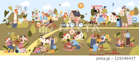 This vibrant vector illustration depicts various scenes of community life focusing on sustainability. People engage in gardening, biking, recycling, and enjoying nature in rural settings. This vibrant vector illustration depicts various scenes of community life focusing on sustainability. People engage in gardening, biking, recycling, and enjoying nature in rural settings. 129346437