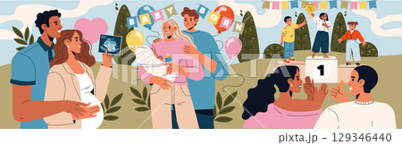 Illustration showcasing a joyful celebration of a newborn baby with a couple holding an ultrasound and baby, alongside children on a podium, highlighting family milestones and achievements. Illustration showcasing a joyful celebration of a newborn baby with a couple holding an ultrasound and baby, alongside children on a podium, highlighting family milestones and achievements. 129346440