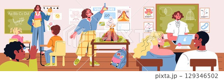 Vector illustration of a lively classroom with students engaged in learning activities. Teachers leading a science experiment, guiding discussions, and facilitating interactive lessons. Vector illustration of a lively classroom with students engaged in learning activities. Teachers leading a science experiment, guiding discussions, and facilitating interactive lessons. 129346502