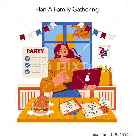 Family gathering planner organizing party at home with laptop and checklist, decorative banners, and food on the table. Vector illustration. Family gathering planner organizing party at home with laptop and checklist, decorative banners, and food on the table. Vector illustration. 129346503