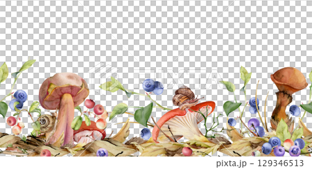 Russula webcap bolete slippery jack mushroom, snail on cap, cranberry blackberry on fallen autumn leaves pile, berries twigs. Forest floor. Fungi seamless banner header hand drawn in watercolor. Russula webcap bolete slippery jack mushroom, snail on cap, cranberry blackberry on fallen autumn leaves pile, berries twigs. Forest floor. Fungi seamless banner header hand drawn in watercolor. 129346513