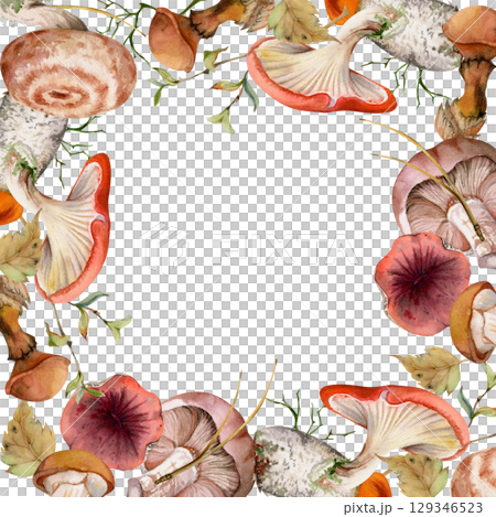 Bolete cep russula suillus mushroom with leaves twigs pine needles. Watercolor hand drawn fungi border square frame. Autumn forest harvest, vegan cooking edible raw ingredient. Scrapbooking cover art 129346523