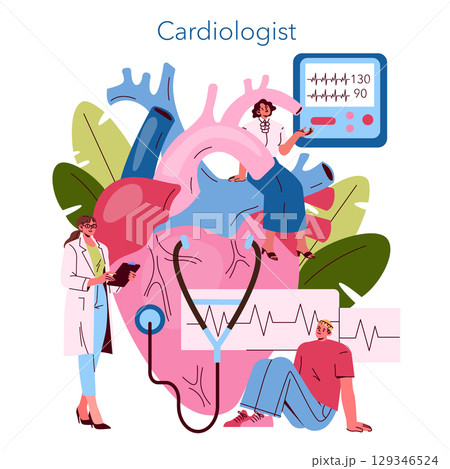 Vector illustration featuring a doctor and patients interacting with a large anatomical heart diagram. Emphasizes cardiology, healthcare, and patient-doctor interaction. Vector illustration featuring a doctor and patients interacting with a large anatomical heart diagram. Emphasizes cardiology, healthcare, and patient-doctor interaction. 129346524