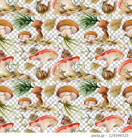 Russula suillus webcap larch bolete slippery jack mushroom. Crawling snail on cap, on top of fallen autumn leaves pile with twigs, pine needles. Fungi natural seamless pattern hand drawn in watercolor 129346525