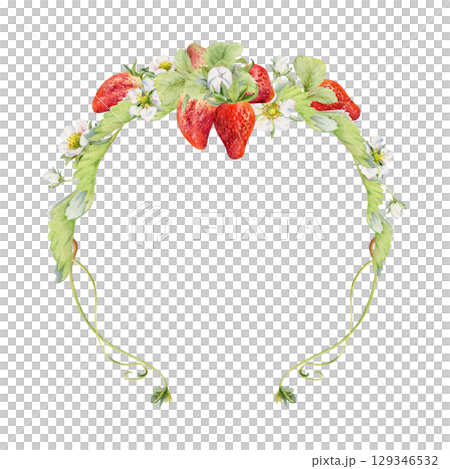 Strawberry growing with leaves flowers vines tendrils wreath, ripe garden berry pineberry strasberry. Isolated hand drawn watercolor crown garland frame. Farmers market, wedding menu, food packaging 129346532