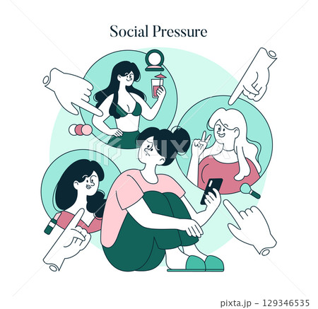 Psychology Of Self Acceptance concept. A young woman sits surrounded by images of idealized people and pointing hands, reflecting on social pressure and the journey to embracing self-worth and 129346535