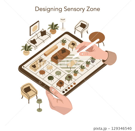 Vector illustration of hands holding a tablet, using a stylus to design a sensory zone layout. Includes furniture, plants, and decor elements, showcasing interior planning. 129346540